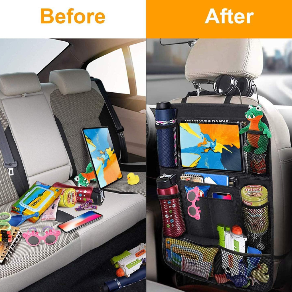 Organisateur de siège arrière – Support tablette tactile, multi-poches & protection imperméable